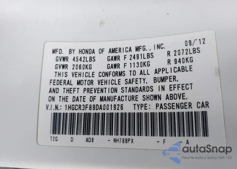 2013 Honda Accord Ex-L V-6 z USA, uszkodzony, nr VIN 1HGCR3F89DA001926